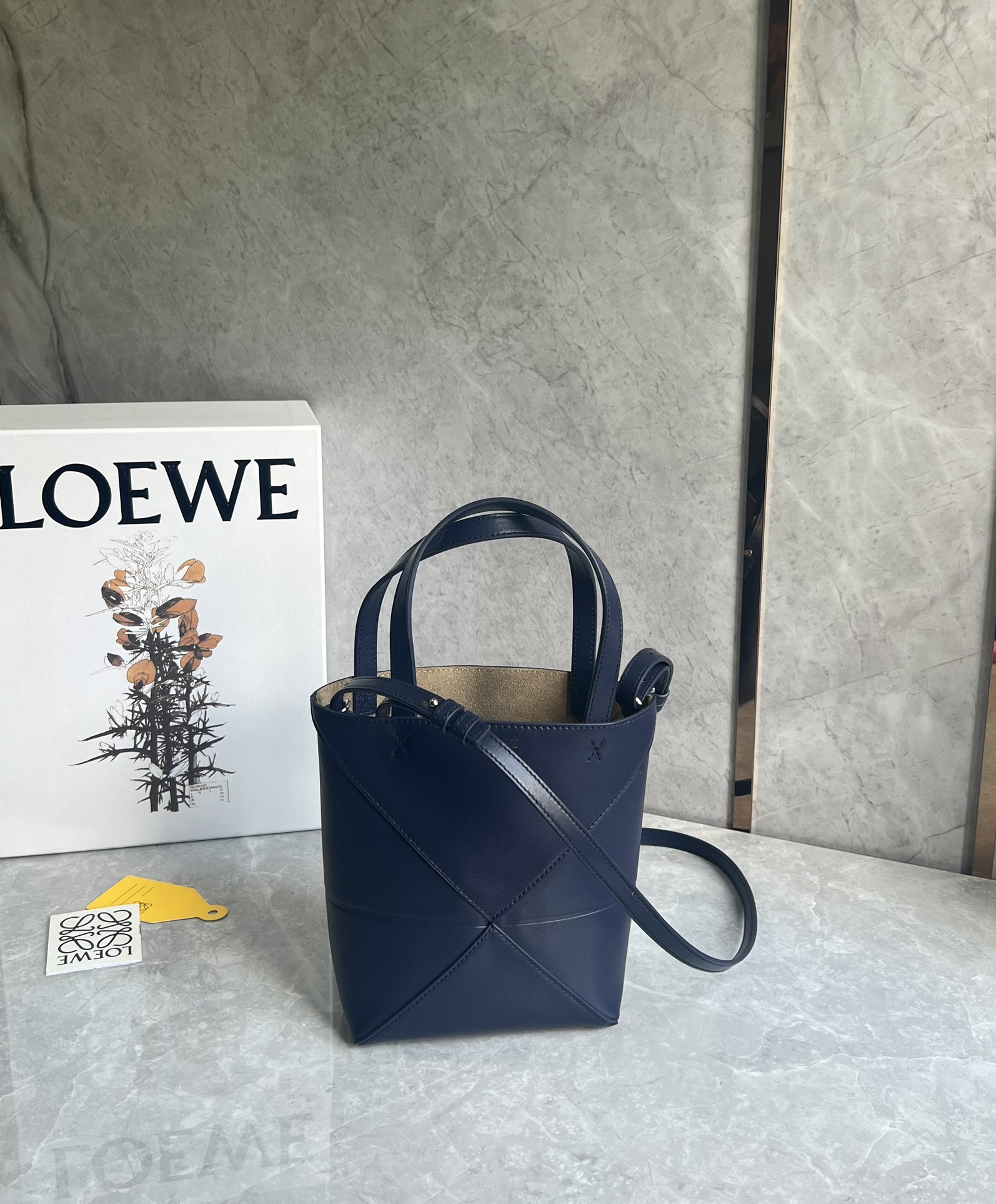 Loewe Mini Puzzle Fold Tote in Shiny Calfskin Dark Blue